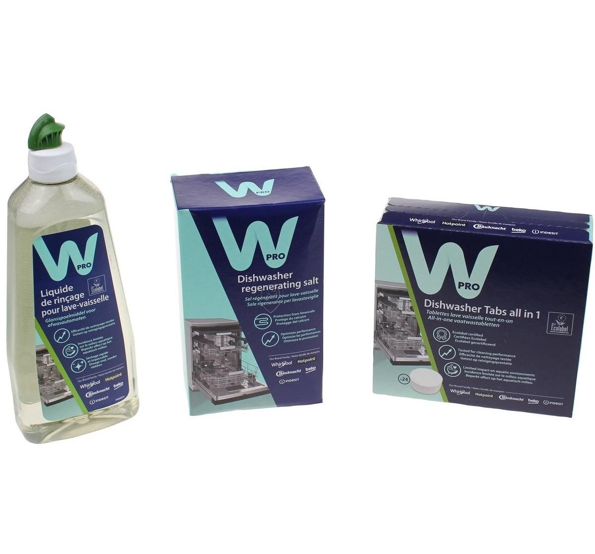 Set întreținere mașină de spălat vase - 24 tablete + agent de clătire (500 ml) + sare (1 kg) WPRO C00950097