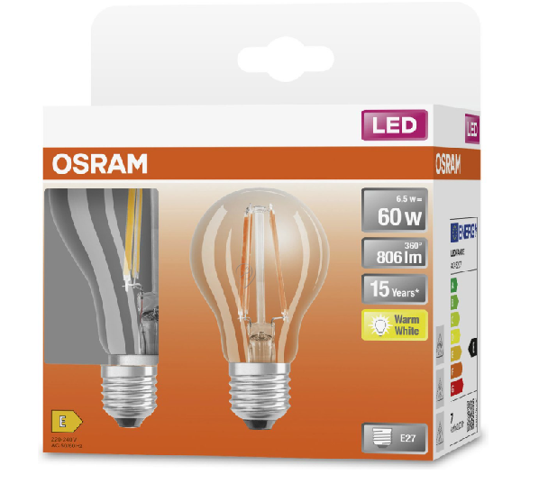 Osram - LED retrofit clasic A 60 - 7W / 827 E27 - 2 buc. - 4058075330191 - pentru Iluminat