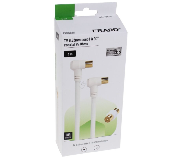 Erard - Cablu coaxial TV 3m - 9.52 mm m/f unghiular 90° + adaptor - 724640