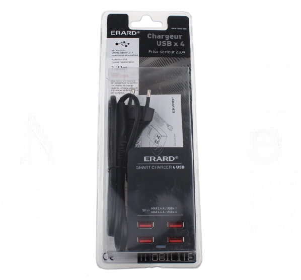 Erard - Adaptor încărcător - 4 USB / 230V - 4.4A max. - 1m - 728904 - pentru Telefonie