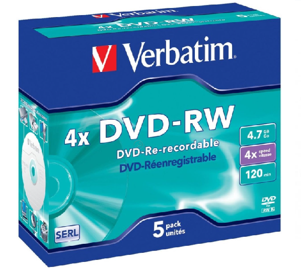 Carcasă Verbatim datalifeplus, pachet de 5 unități DVD-RW, 4,7 GB, viteză 4x - 43285